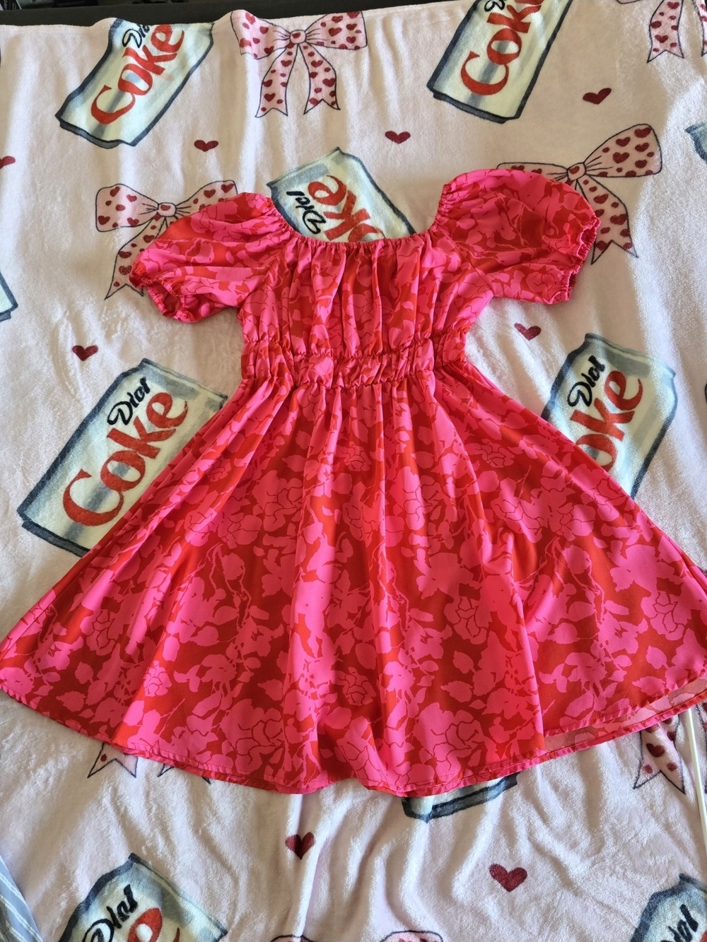 SHEIN Hot Pink Floral Puff-Sleeve Casual Dress